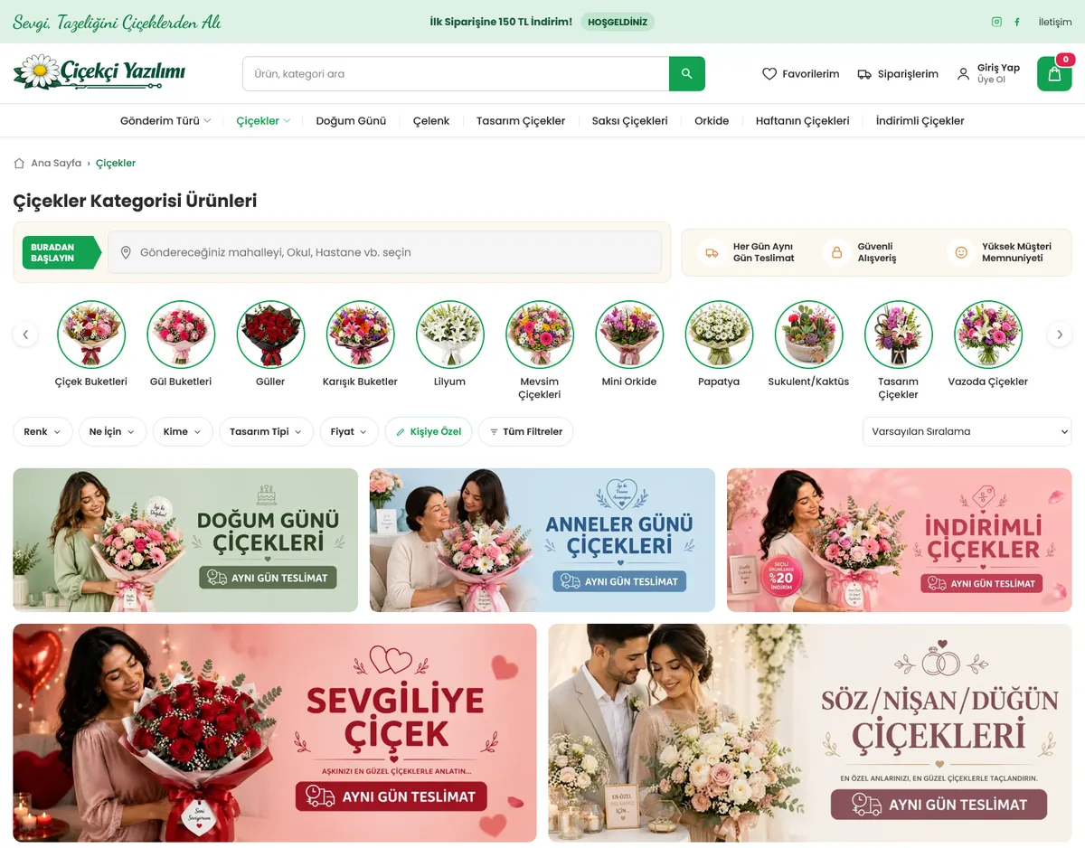 Çiçekçi WordPress teması kategori sayfası — filtreler ve kampanyalı ürün listesi