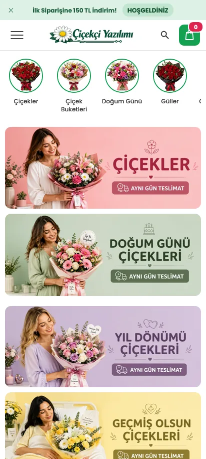 Çiçekçi WordPress teması mobil görünüm — anasayfa